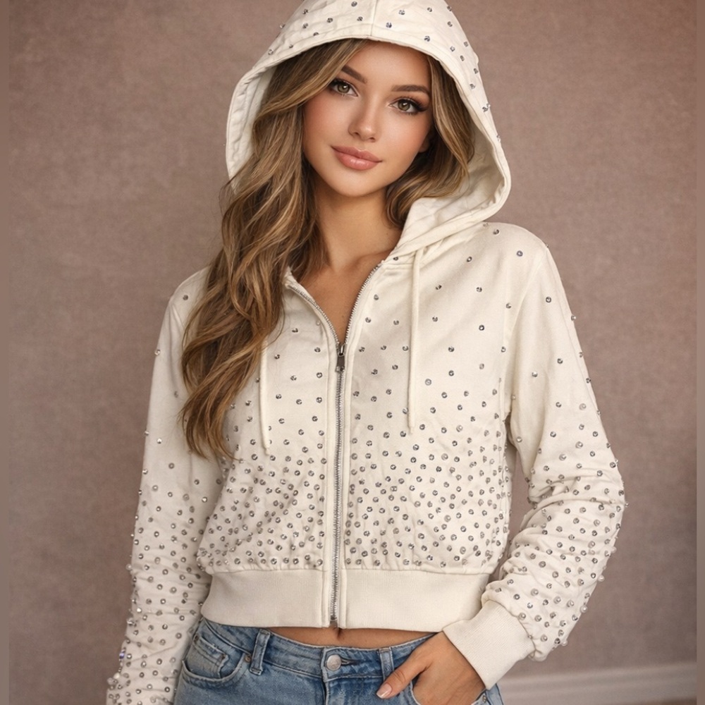Akira “ All In White” Rhinestone & Pearl Zip Up Hoodie Sweatshirt XL NWT